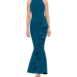 Betsy and Adam Teal Ruffle Formal Dress